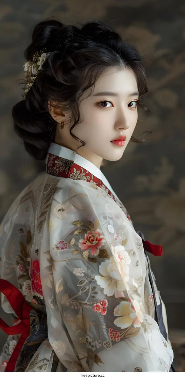 Portrait of a young woman in traditional Korean dress, or Hanbok