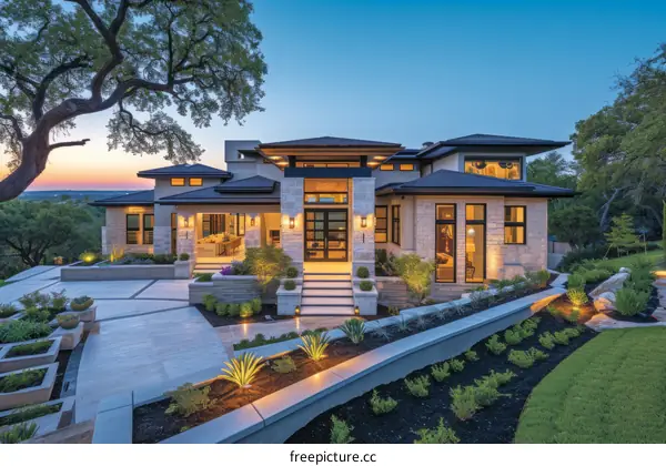 Modern luxury house exterior design with beautiful landscape