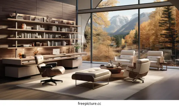 Modern office interior with large windows and a view of the mountains