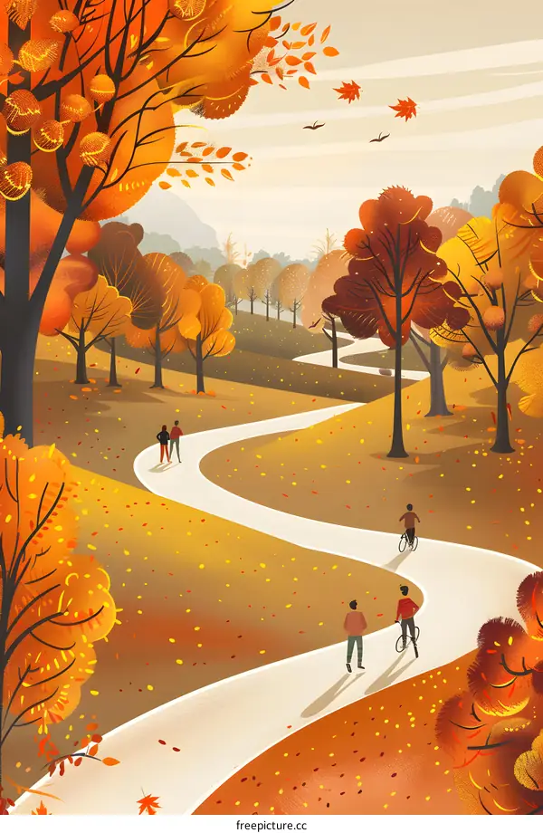 Autumn Landscape with Winding Path and People Walking