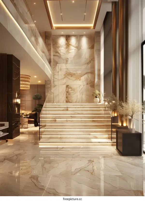 Hotel Lobby with Grand Staircase and Luxurious Decor