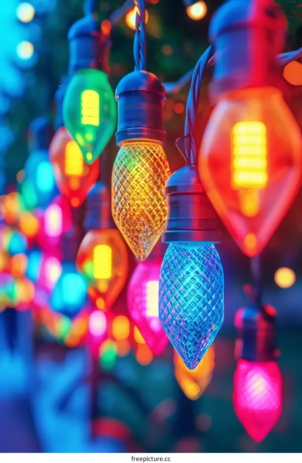 Multicolored string lights on a black electric cord against a backdrop of foliage, blurred in the background. Lights include hues of red, orange, yellow, green, blue and purple.