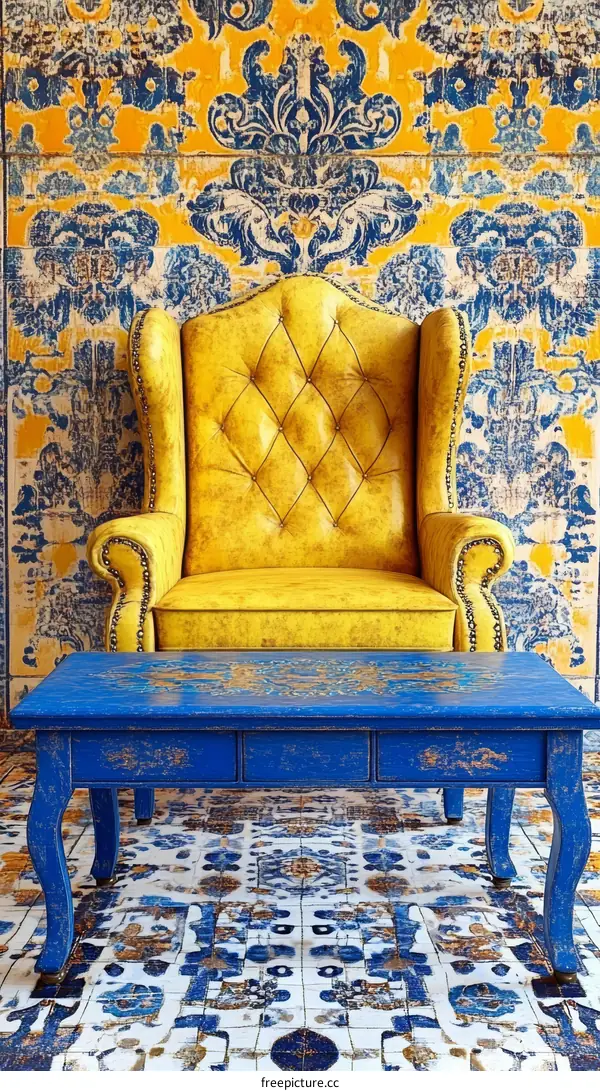Yellow Armchair and Blue Coffee Table in a Decorative Room