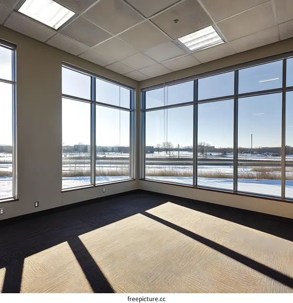 Empty Office Room With Large Windows and Carpet