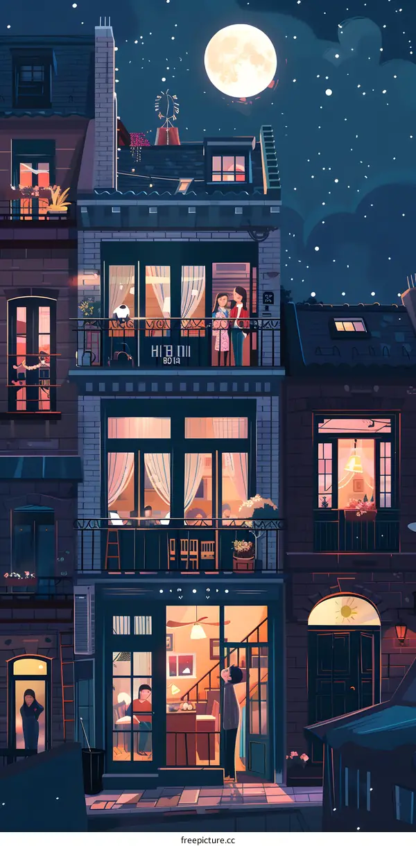 Nighttime View of City Buildings with People Inside