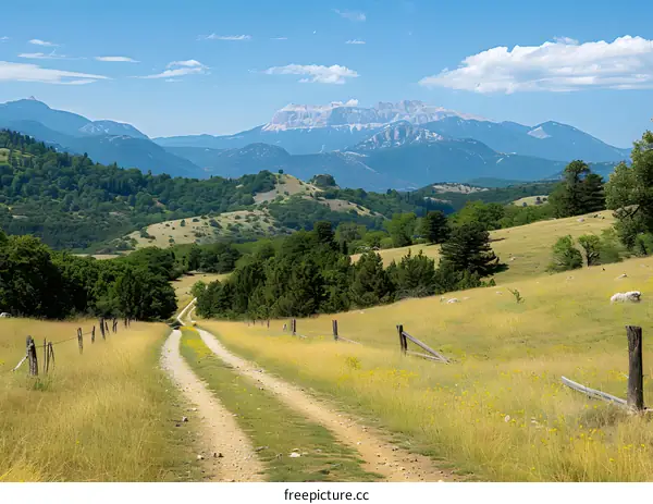 dirt road through a green mountain pasture with a mountain range in the distance