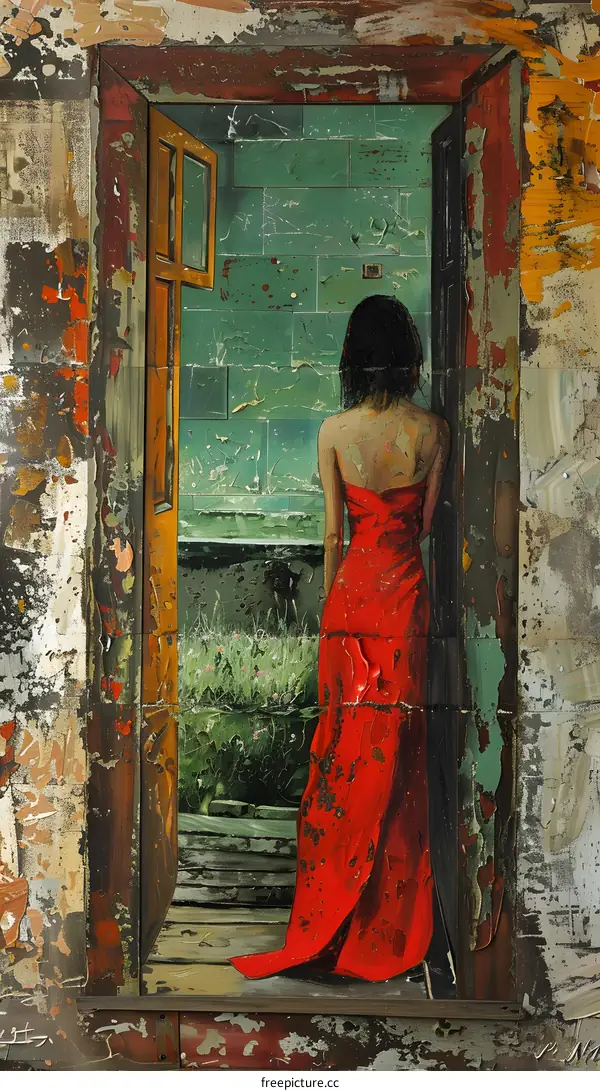 Woman in Red Dress Standing in a Doorway