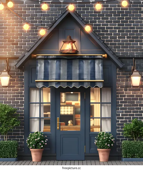 Exterior of a Small Business with a Striped Awning