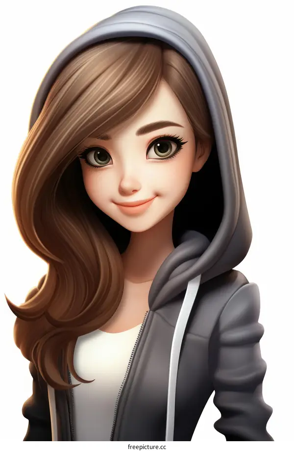 An illustration of a young woman with brown hair and green eyes wearing a gray hoodie