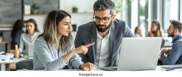 Two Colleagues Discussing Project Over Laptop In Office