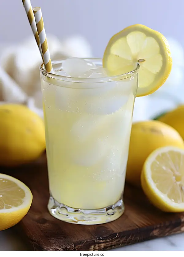 Refreshing Glass of Homemade Lemonade with Lemon Slice and Ice