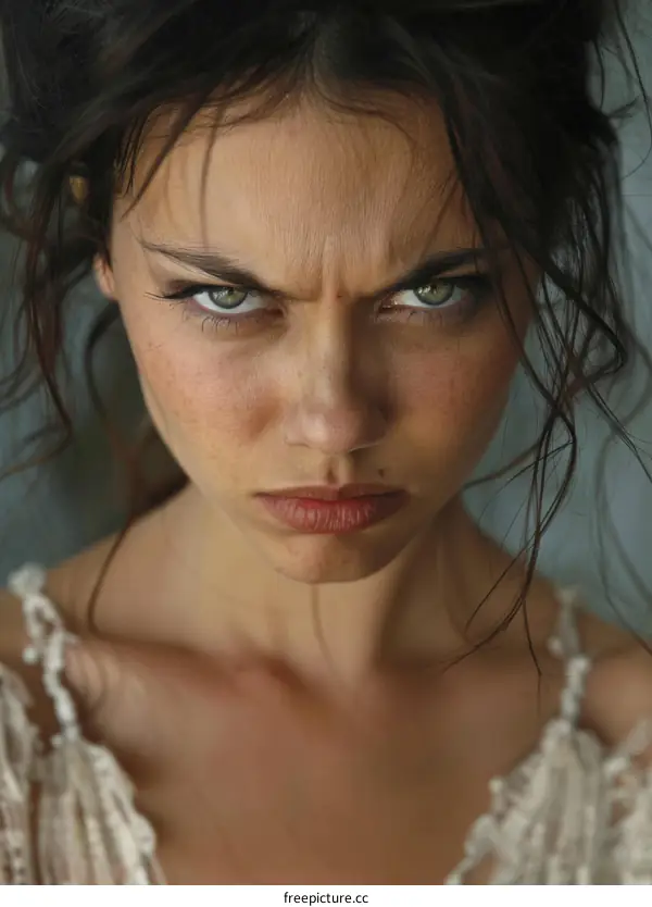 Close-up Portrait of a Caucasian Woman with an Intense Expression