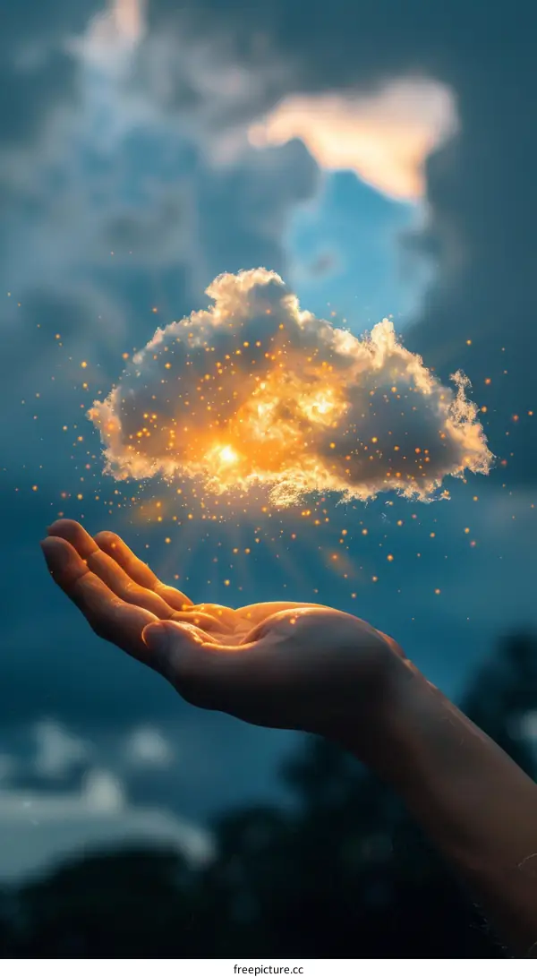 Ethereal Hand Holding Glowing Cloud with Falling Particles