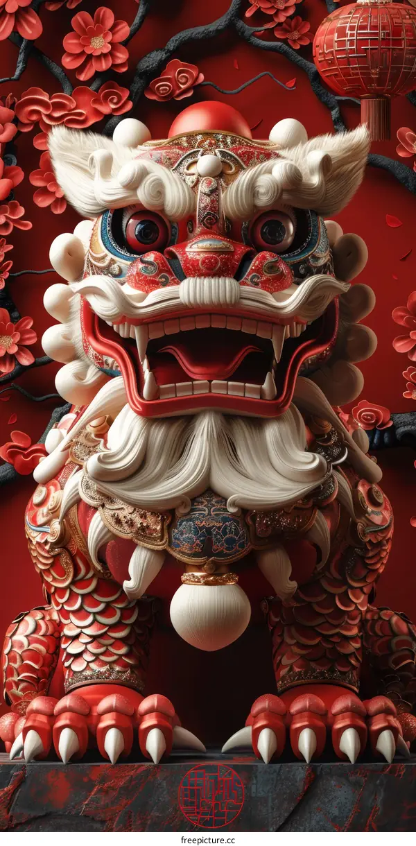 Chinese Lion Statue Illustration in Red and Gold