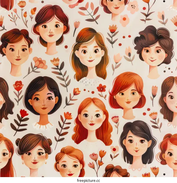 A pattern of diverse women's faces with flowers