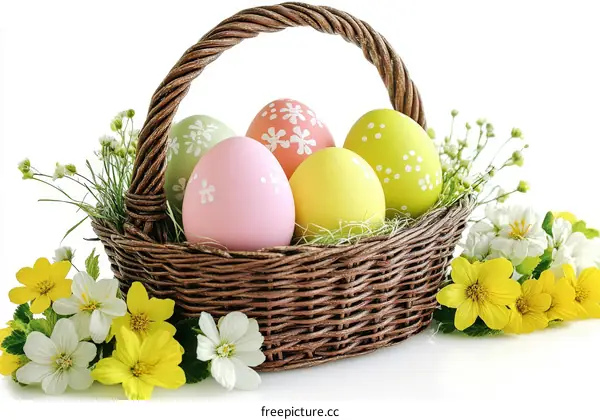 Easter Eggs in a Wicker Basket with Flowers
