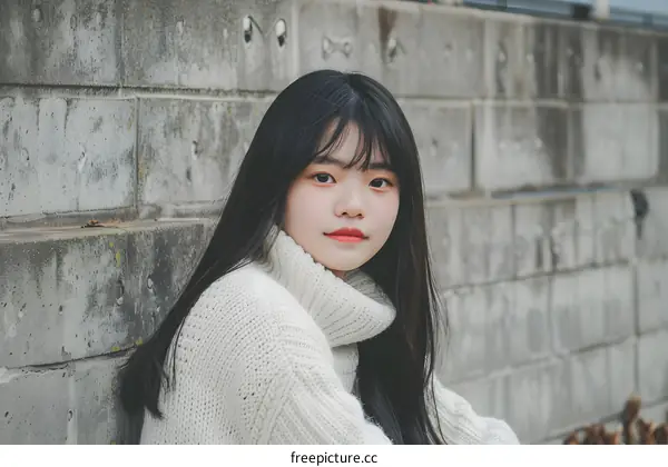 Young Asian Woman with Long Black Hair Wearing a White Sweater Posing Against a Concrete Wall