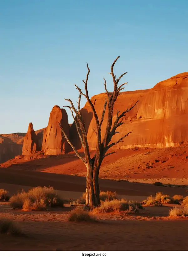 Bare Tree Standing Alone in Arid Desert Landscape at Sunset