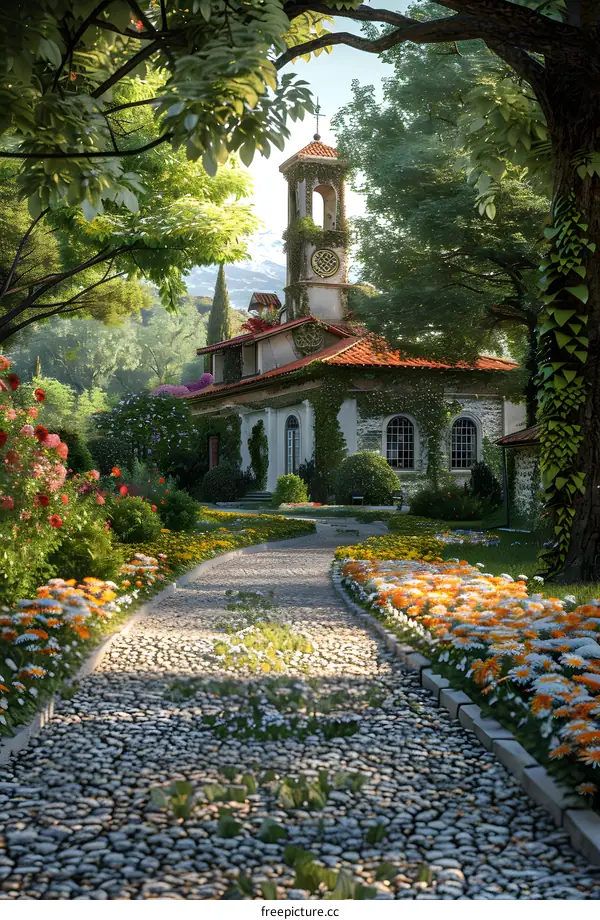 Stone path leading to a beautiful villa surrounded by trees and flowers