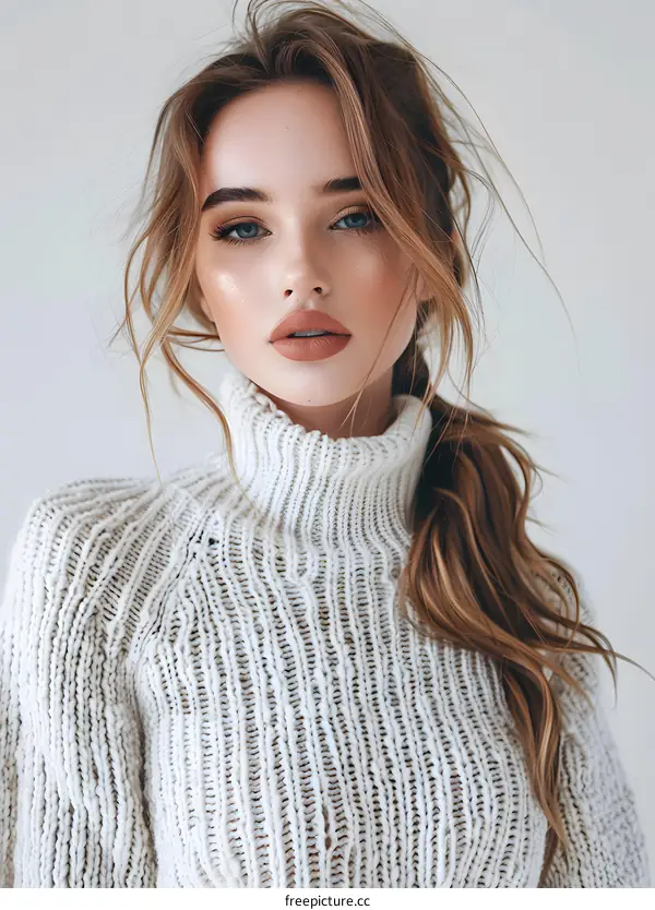Beautiful Woman with Blonde Hair Wearing a White Knit Sweater
