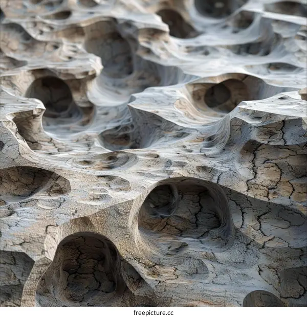 Close-up of the surface of a wooden sculpture with many holes
