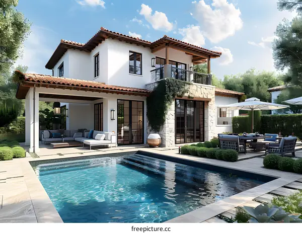 Luxurious Spanish style villa exterior with pool