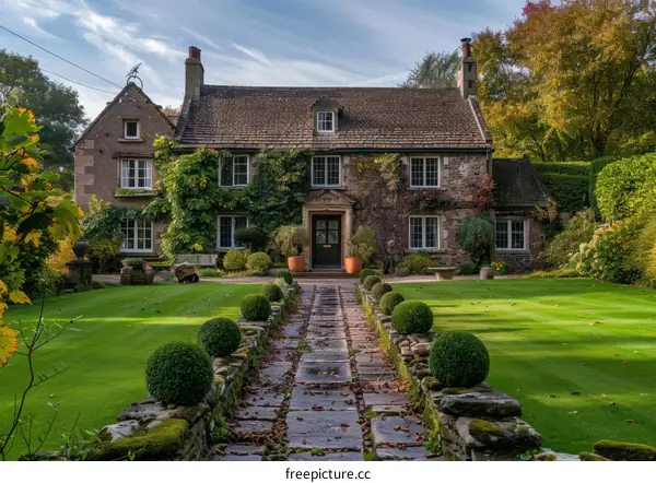 A beautiful stone house with a slate roof and a large front garden