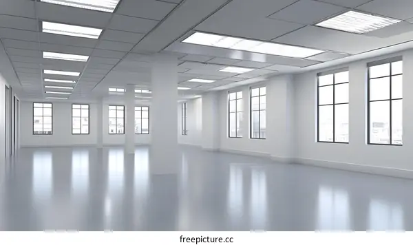 Empty Modern Office Space with Large Windows and White Walls