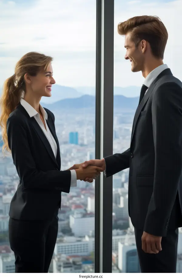 Business handshake between a man and a woman in suits with a cityscape in the background