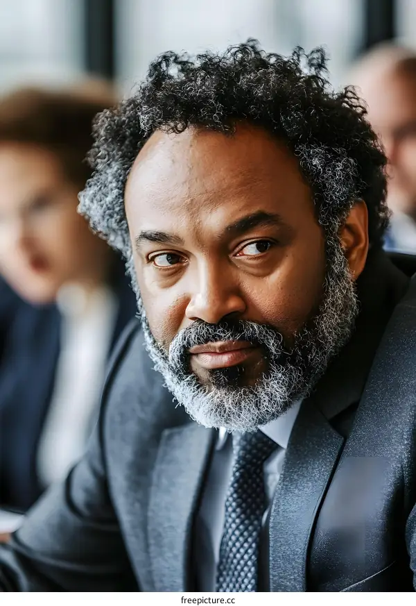 African American Businessman with Graying Beard Looking Serious