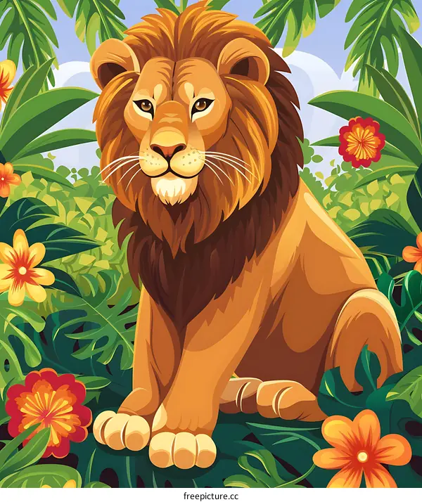 Majestic Lion in Tropical Jungle Illustration