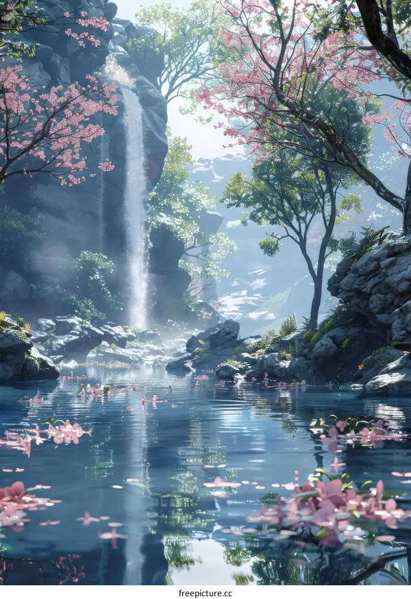 Enchanting Forest Waterfall with Cherry Blossoms