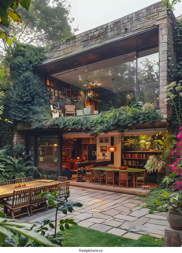 Modern Stone House With Lush Green Garden Patio