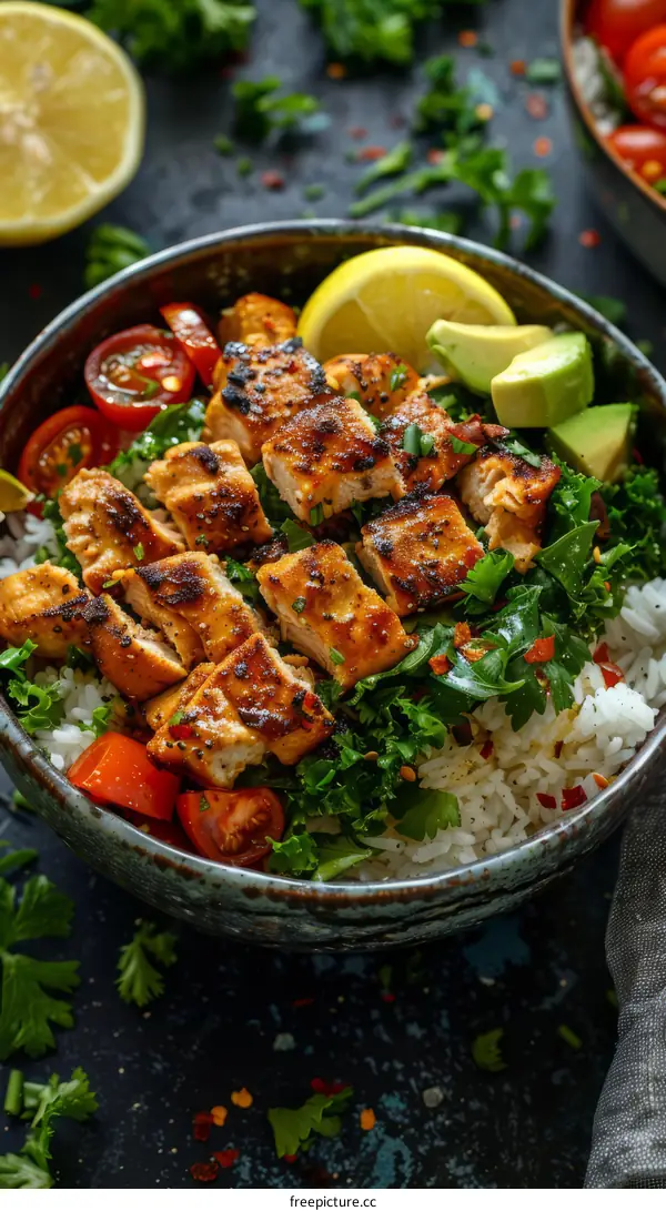 Chicken and rice bowl with avocado, tomato and kale