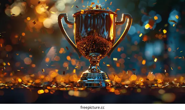 A golden trophy with confetti falling in the background