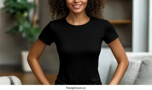 Woman Wearing a Blank Black T-Shirt