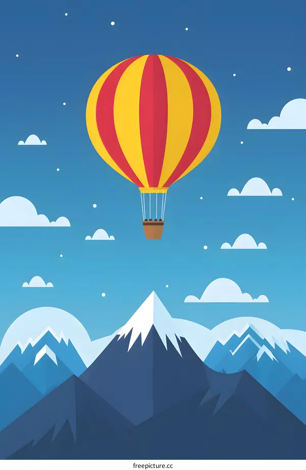 Hot Air Balloon Flying Over Mountains Illustration