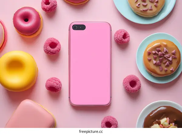 Pink Phone Surrounded by Donuts, Raspberries and Sauces on Pink Background