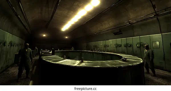 Underground Bunker Control Room With Men In Jumpsuits