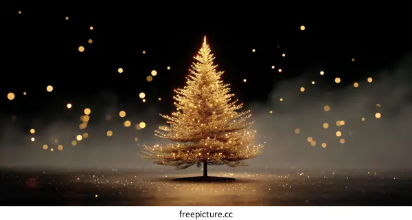 Golden Christmas Tree in a Smoky Background
