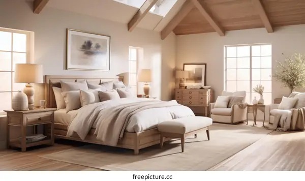 Elegant master bedroom with vaulted ceiling