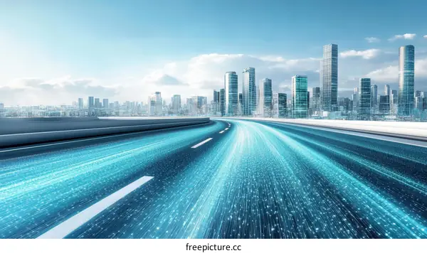 Digital Highway Through Modern Cityscape