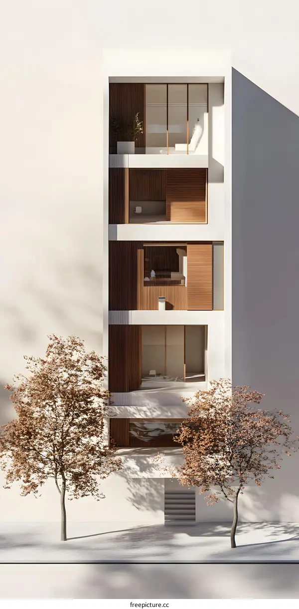 Minimalist Modern Building with Wooden Accents and Greenery