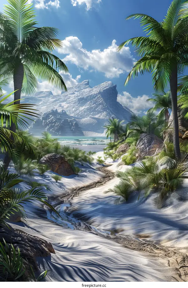 Snow Capped Mountains With Palm Trees In Paradise