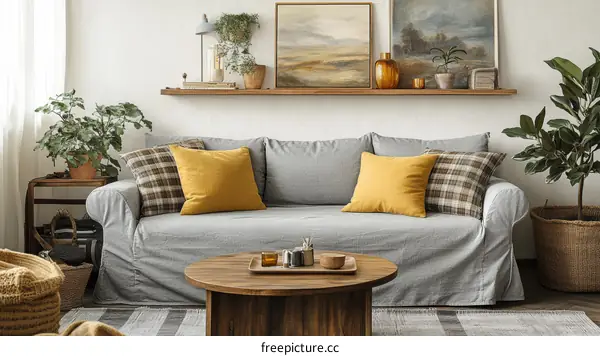 Cozy Living Room with Gray Sofa and Mustard Yellow Pillows