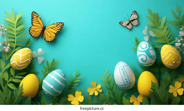 Easter Eggs and Butterflies on a Teal Background