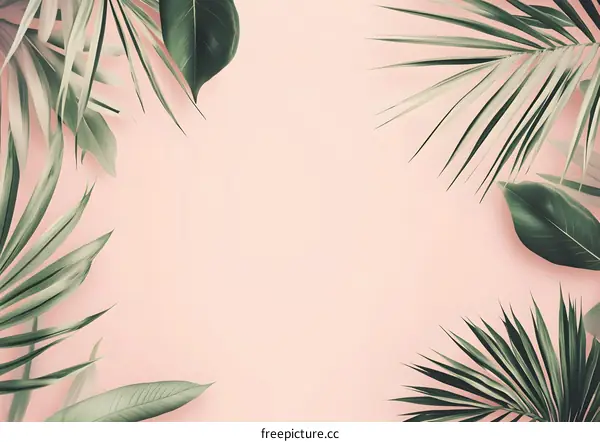 Tropical Leaves Border on Pink Background
