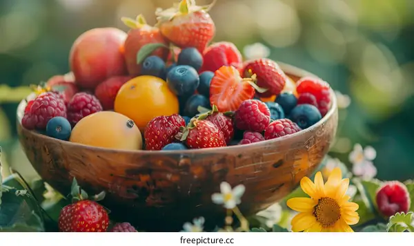 An assortment of fresh berries and fruits in a wooden bowl
