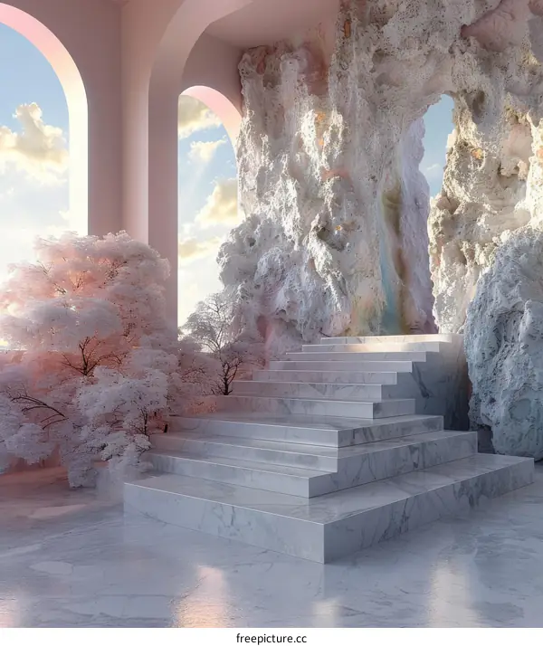 Surreal Interior with Stone Archway and Cherry Blossom Tree