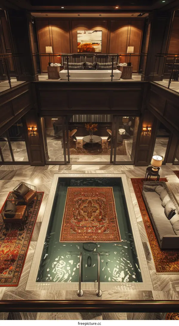 Luxury Mansion Interior with Indoor Pool and Carpet